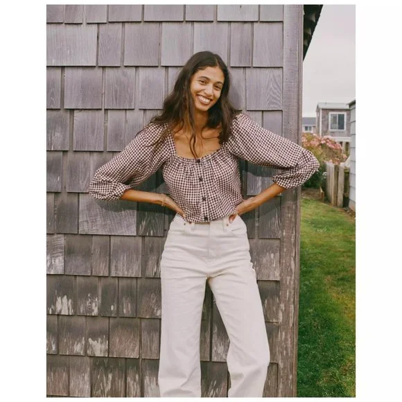 [NWT] Madewell Gingham Crop Puff Sleeve Button Down Blouse - Picture 2 of 5